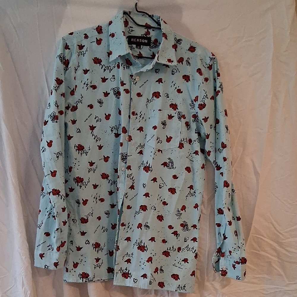 Reason Men's Light Blue Shirt with Red and Black Floral Design